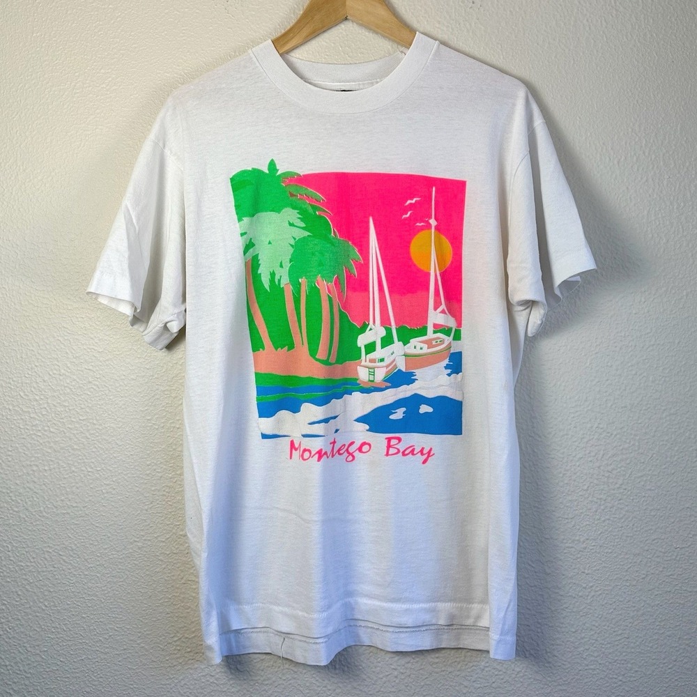 Vintage 80s Montego Bay Graphic T-Shirt Mens XL White Excellent Tropical Thin